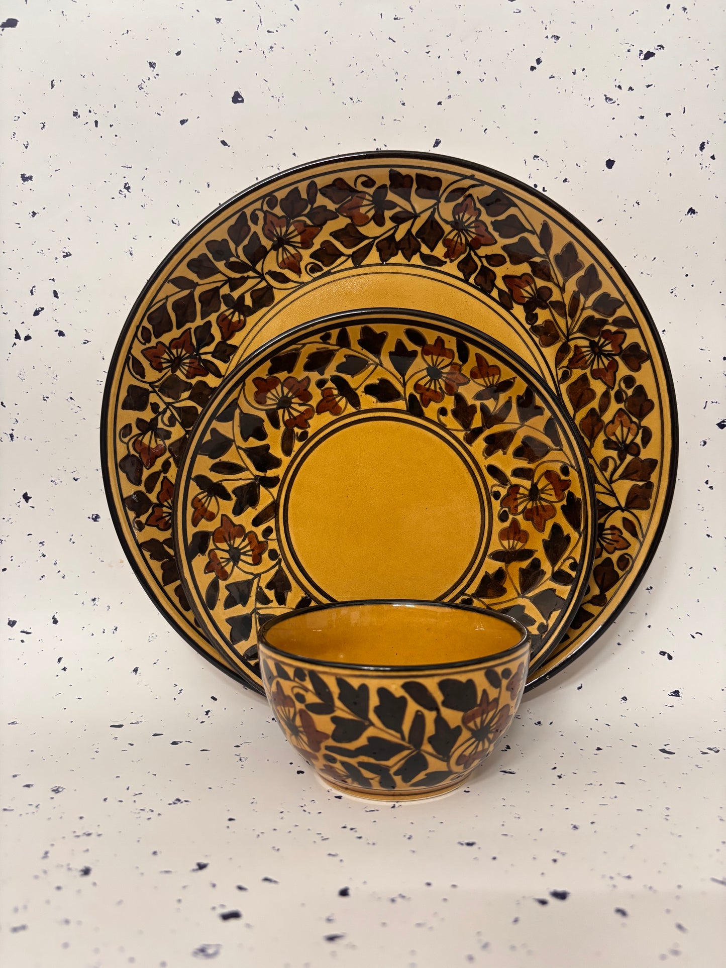 Mustard Floral Vine Handcrafted Ceramic Dinner Set – 3 Pcs