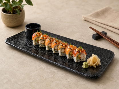 Premium Textured Black Ceramic Sushi Serving Platter with Dip Bowl