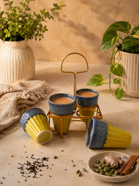 Studio Pottery Yellow & Slate Grey Tea Cup Set of 4 with Iron Stand