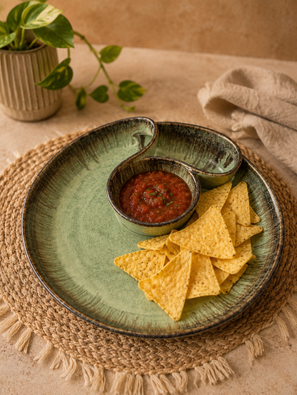 Green Dual Compartment Ceramic Snack Platter