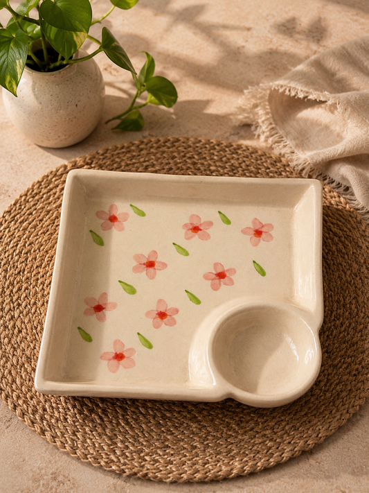 Hand-Painted Floral Snack 
Plate with Dip Bowl
