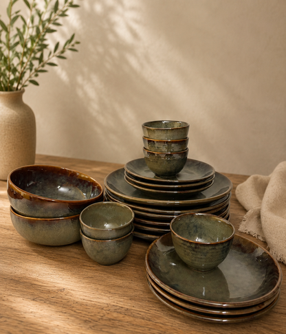 Earthy Brown–Green
 Glazed Ceramic Dinner Set – 20 Pieces