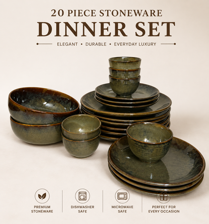 Earthy Brown–Green
 Glazed Ceramic Dinner Set – 20 Pieces