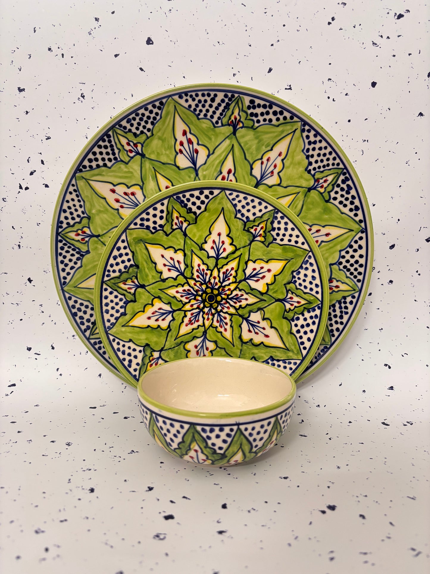 Green Mandala Hand-Painted Ceramic Dinner Set – 3 Pcs