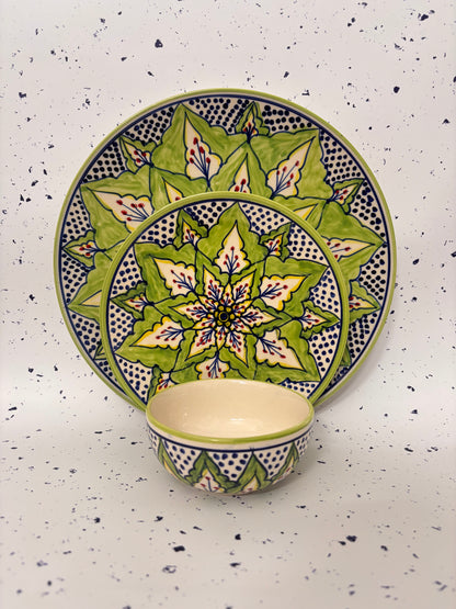 Green Mandala Hand-Painted Ceramic Dinner Set – 3 Pcs
