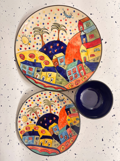 Colorful Village Hand-Painted Ceramic Dinner Set – 3 Pcs