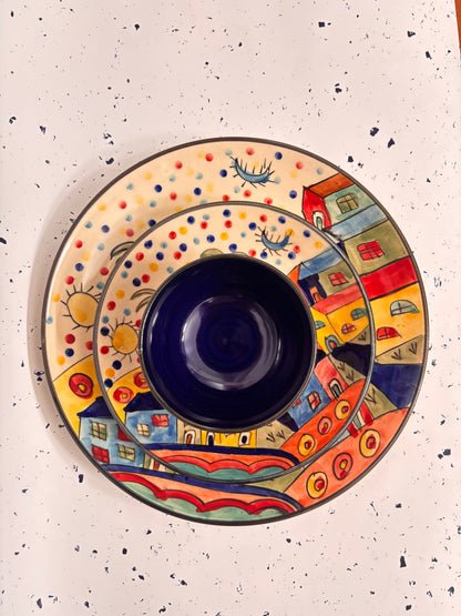 Colorful Village Hand-Painted Ceramic Dinner Set – 3 Pcs