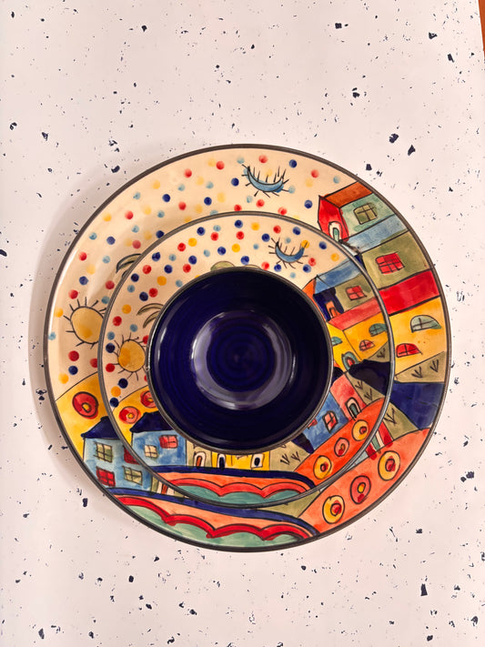 Colorful Village Hand-Painted Ceramic Dinner Set – 3 Pcs
