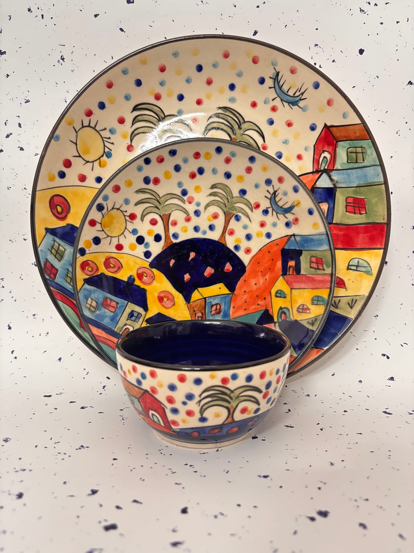 Colorful Village Hand-Painted Ceramic Dinner Set – 3 Pcs
