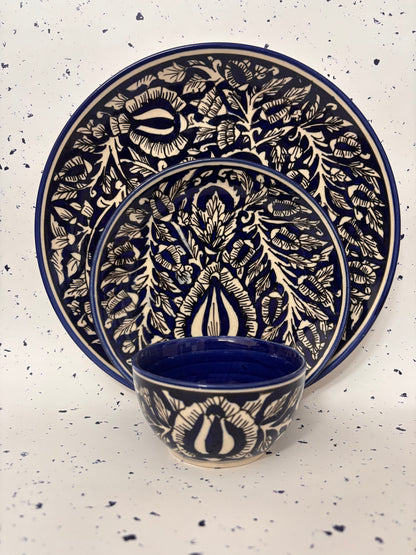 Indigo Bloom Hand-Painted Ceramic Dinner Set – 3 Pcs