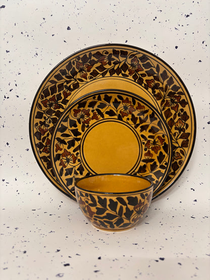 Mustard Floral Vine Handcrafted Ceramic Dinner Set – 3 Pcs