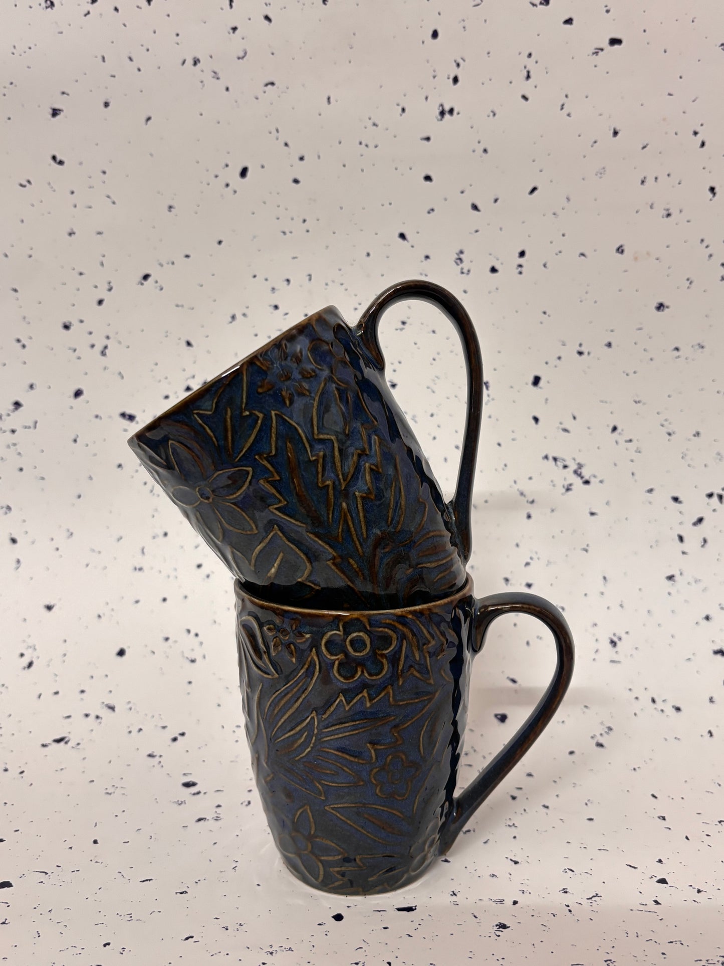 Midnight Bloom Emboss Ceramic Mug Set of 2