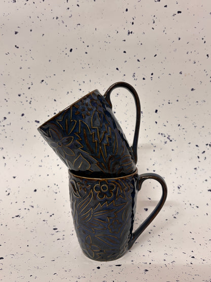 Midnight Bloom Emboss Ceramic Mug Set of 2