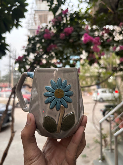 Handcrafted blue Daisy grey Mug
