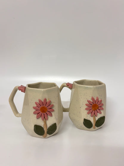 Handcrafted pink daisy white mug