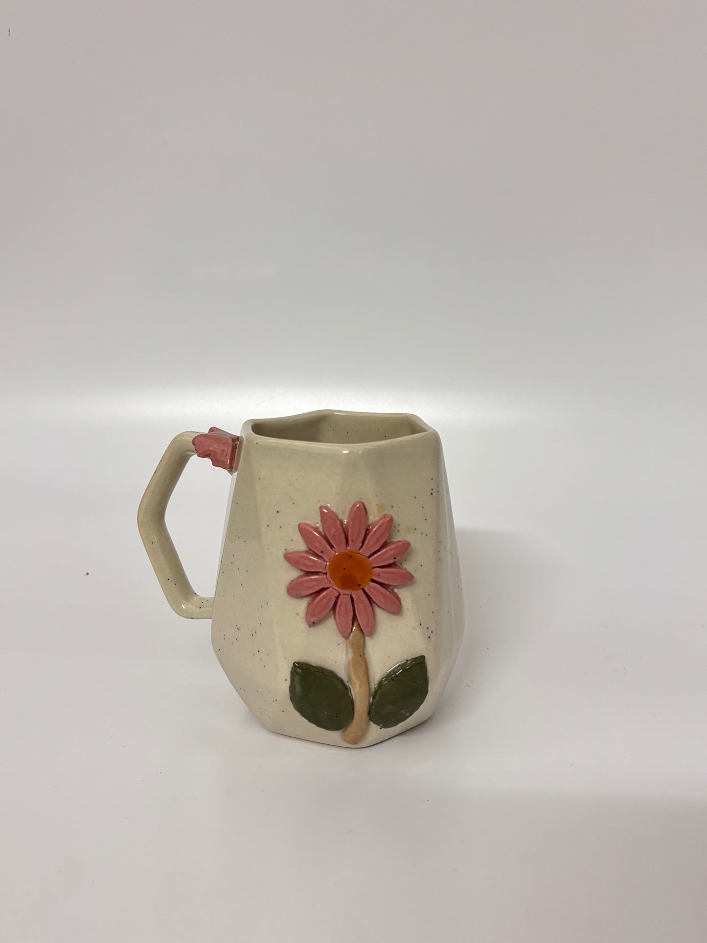 Handcrafted pink daisy white mug