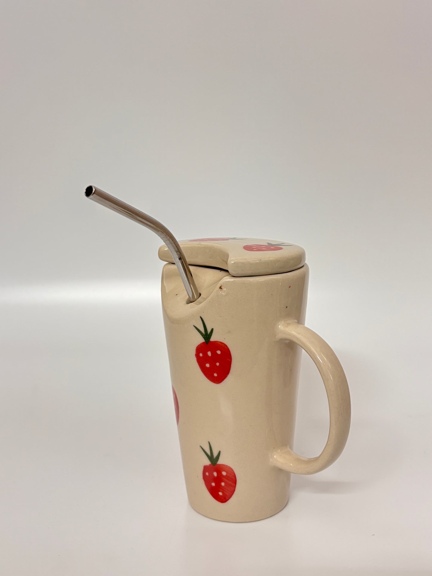 Strawberry Sip Ceramic Mug with Lid &
 Metal Straw