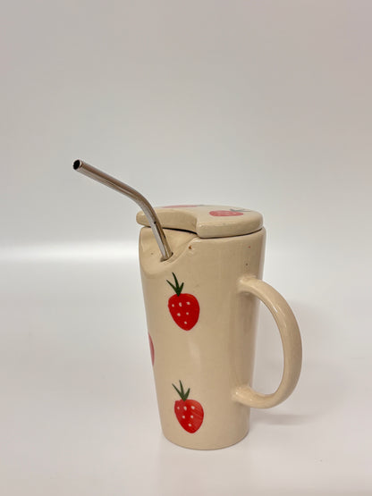 Strawberry Sip Ceramic Mug with Lid &
 Metal Straw