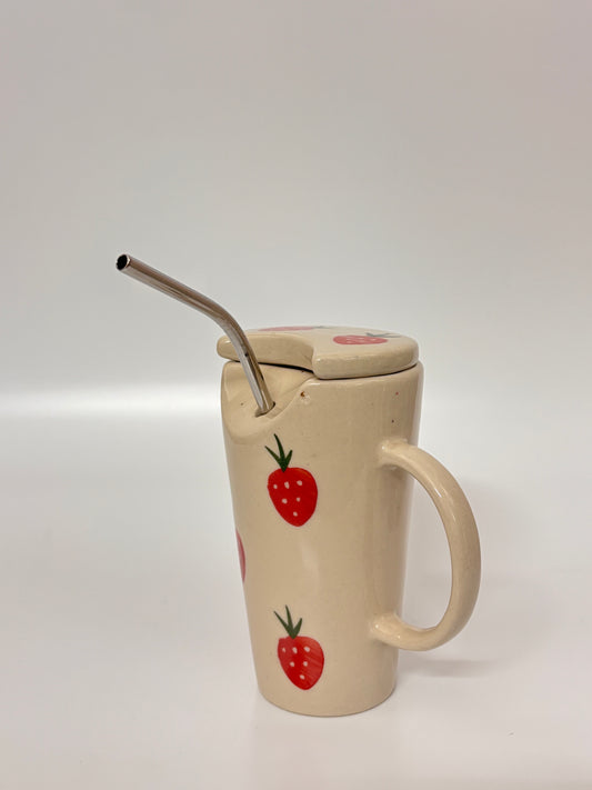 Strawberry Sip Ceramic Mug with Lid &
 Metal Straw