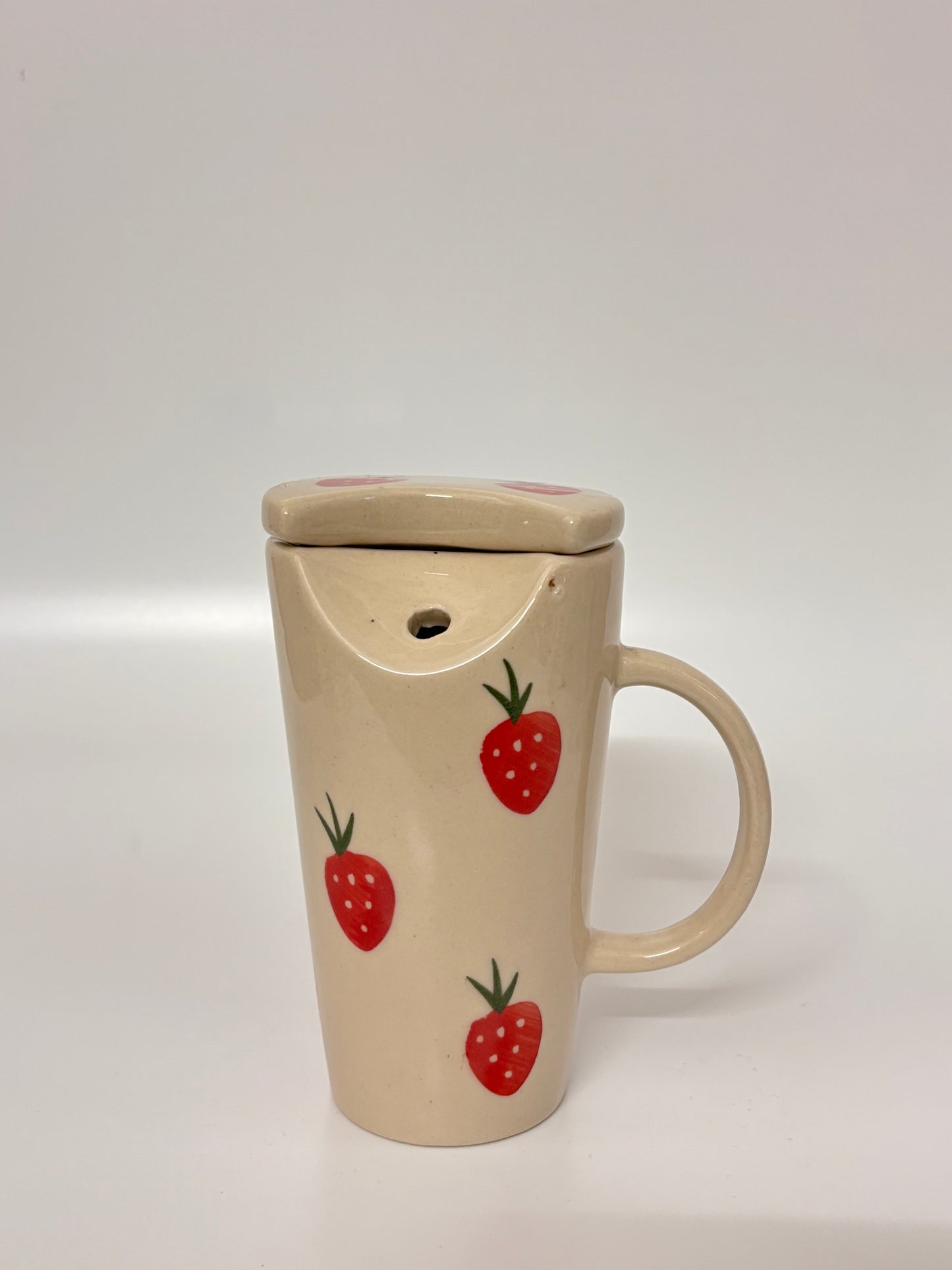 Strawberry Sip Ceramic Mug with Lid &
 Metal Straw