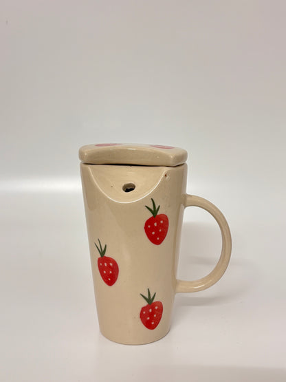 Strawberry Sip Ceramic Mug with Lid &
 Metal Straw