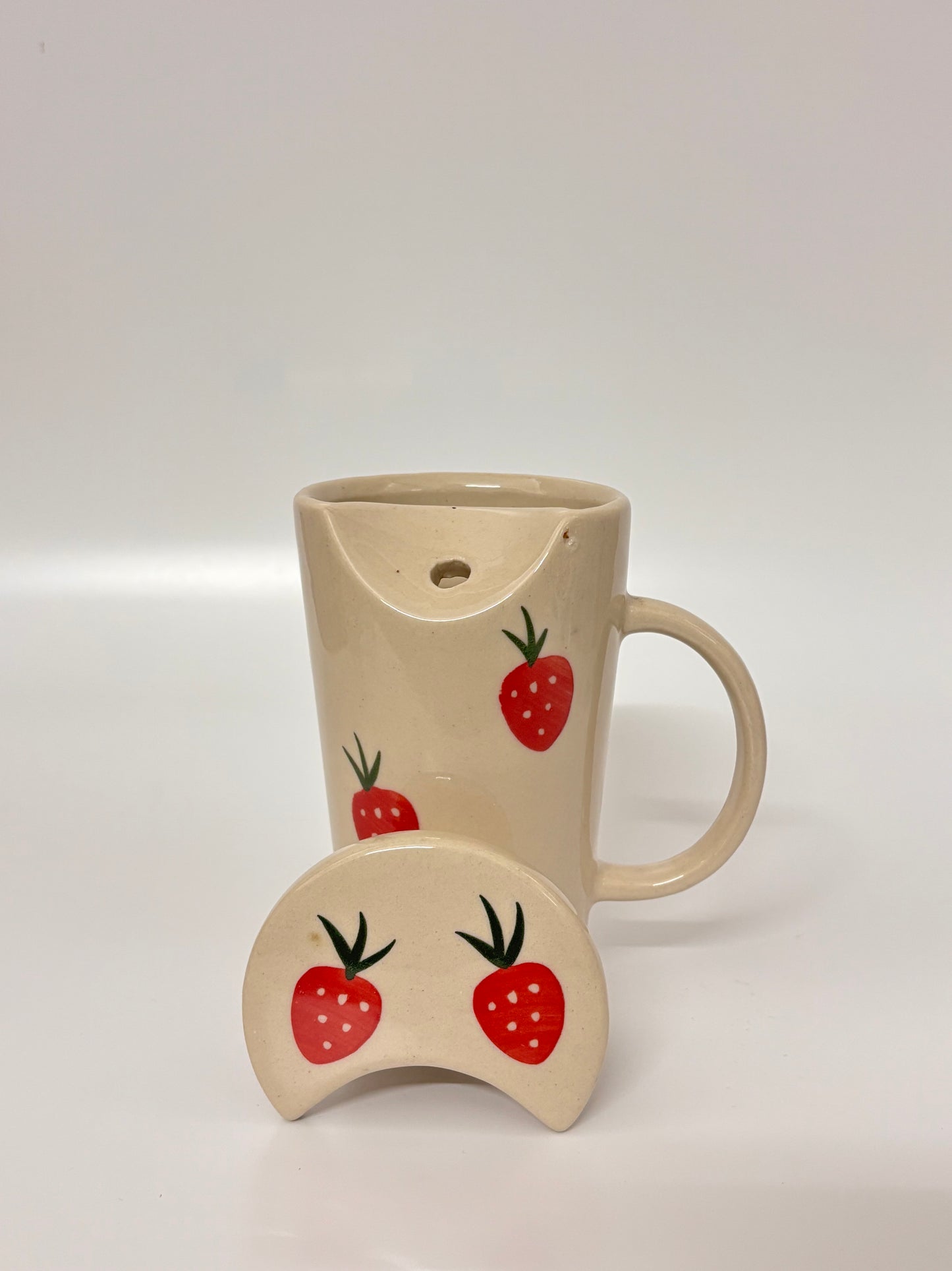 Strawberry Sip Ceramic Mug with Lid &
 Metal Straw