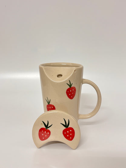 Strawberry Sip Ceramic Mug with Lid &
 Metal Straw