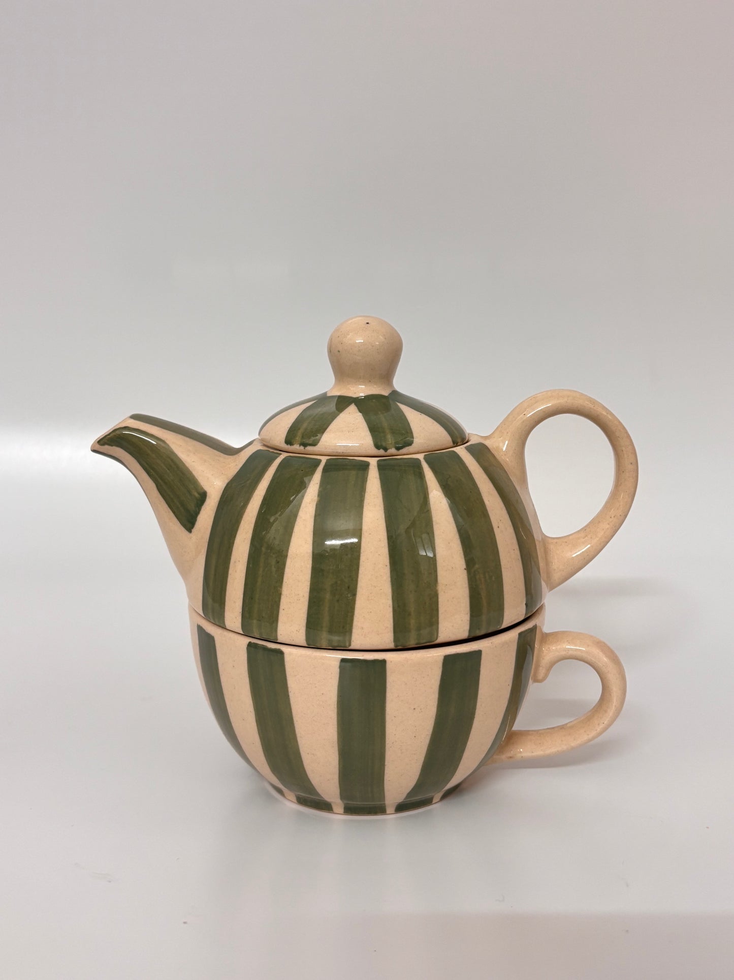 Olive Stripe Handcrafted
 Teapot & Cup Set