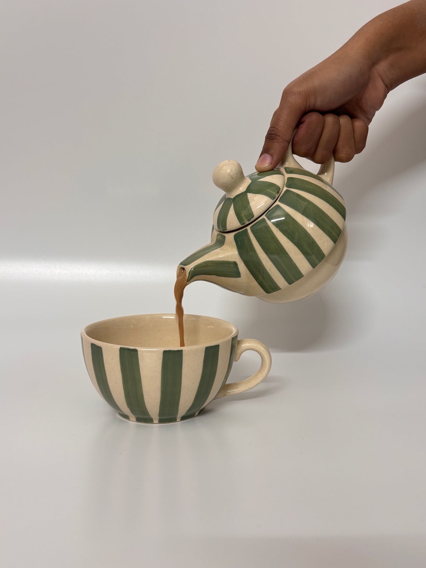 Olive Stripe Handcrafted
 Teapot & Cup Set