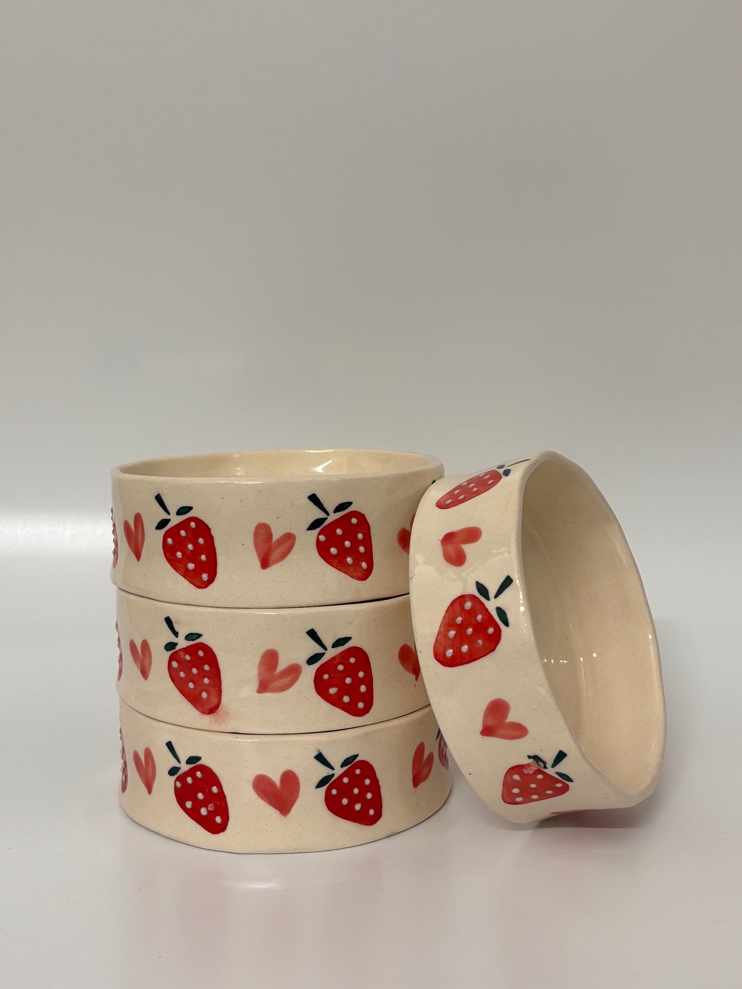 Hand-Painted Strawberry &
 Hearts Ceramic Bowl