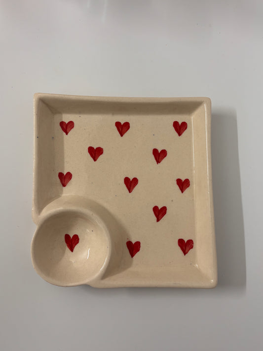 Hand-Painted Red Hearts Snack
 Plate with Dip Bowl