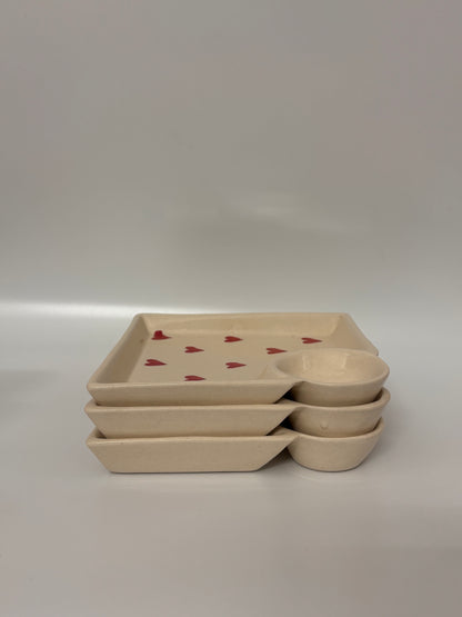 Hand-Painted Red Hearts Snack
 Plate with Dip Bowl