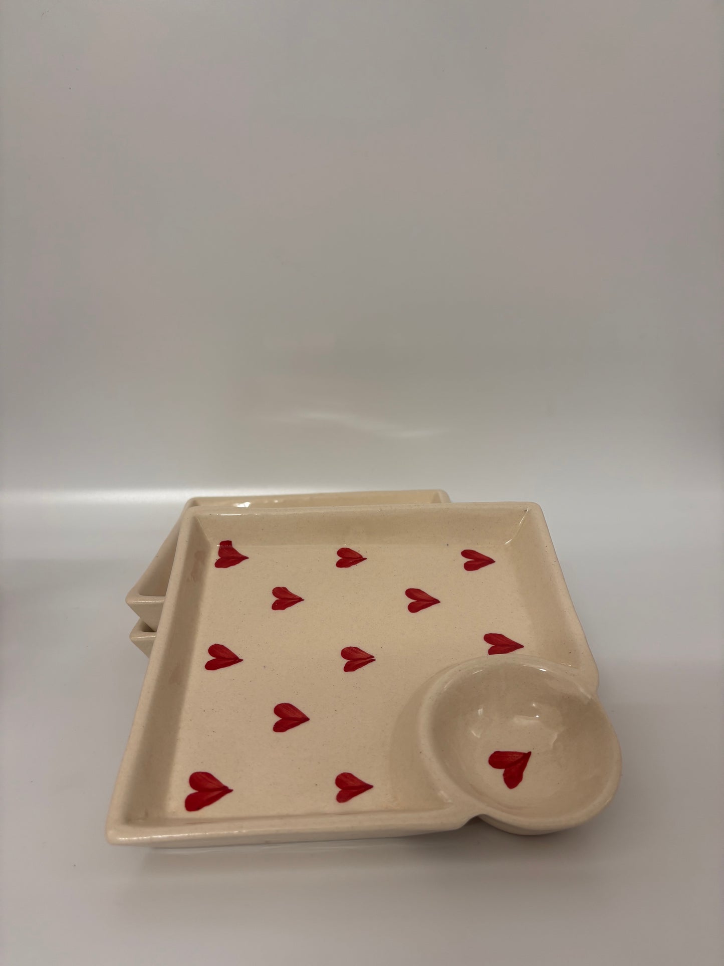 Hand-Painted Red Hearts Snack
 Plate with Dip Bowl