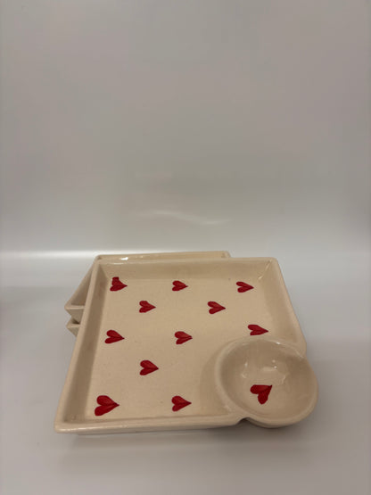 Hand-Painted Red Hearts Snack
 Plate with Dip Bowl