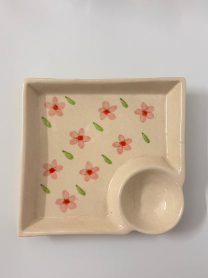 Hand-Painted Floral Snack 
Plate with Dip Bowl