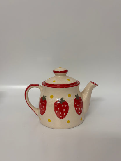 Hand-Painted Strawberry 
Morning Tea Set – Ceramic Kettle, 4 Cups & Wooden Tray