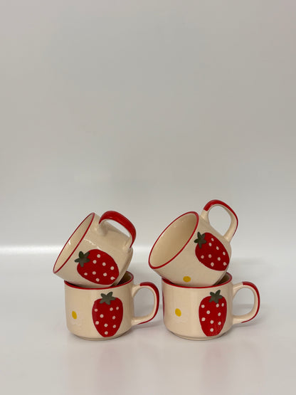 Hand-Painted Strawberry 
Morning Tea Set – Ceramic Kettle, 4 Cups & Wooden Tray