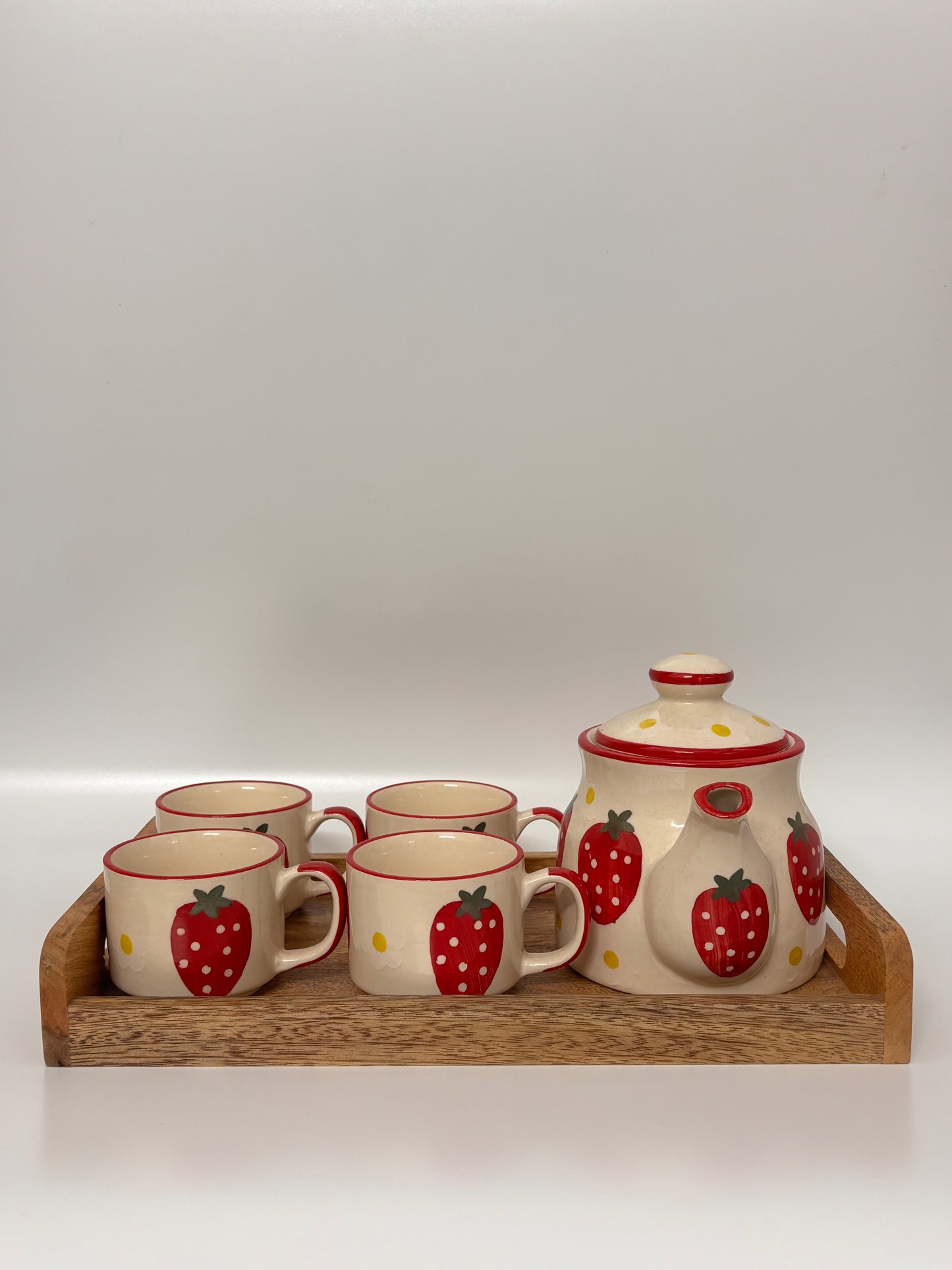 Hand-Painted Strawberry 
Morning Tea Set – Ceramic Kettle, 4 Cups & Wooden Tray