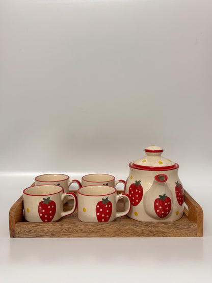 Hand-Painted Strawberry 
Morning Tea Set – Ceramic Kettle, 4 Cups & Wooden Tray