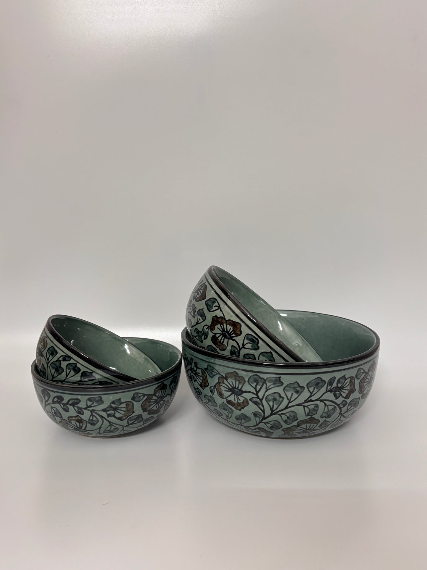 Handcrafted Sage Green Floral
 Ceramic Bowl Set – Set of 4