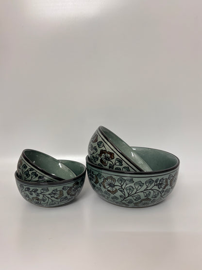 Handcrafted Sage Green Floral
 Ceramic Bowl Set – Set of 4