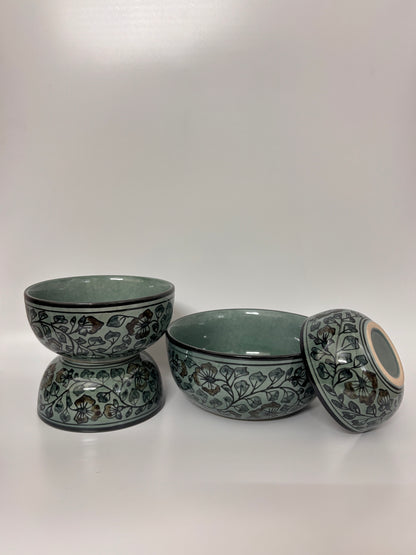 Handcrafted Sage Green Floral
 Ceramic Bowl Set – Set of 4
