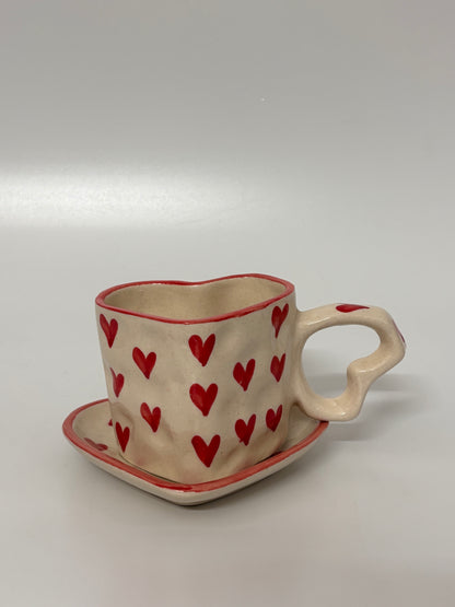 Handcrafted Red Hearts Ceramic Cup
 & Saucer Set