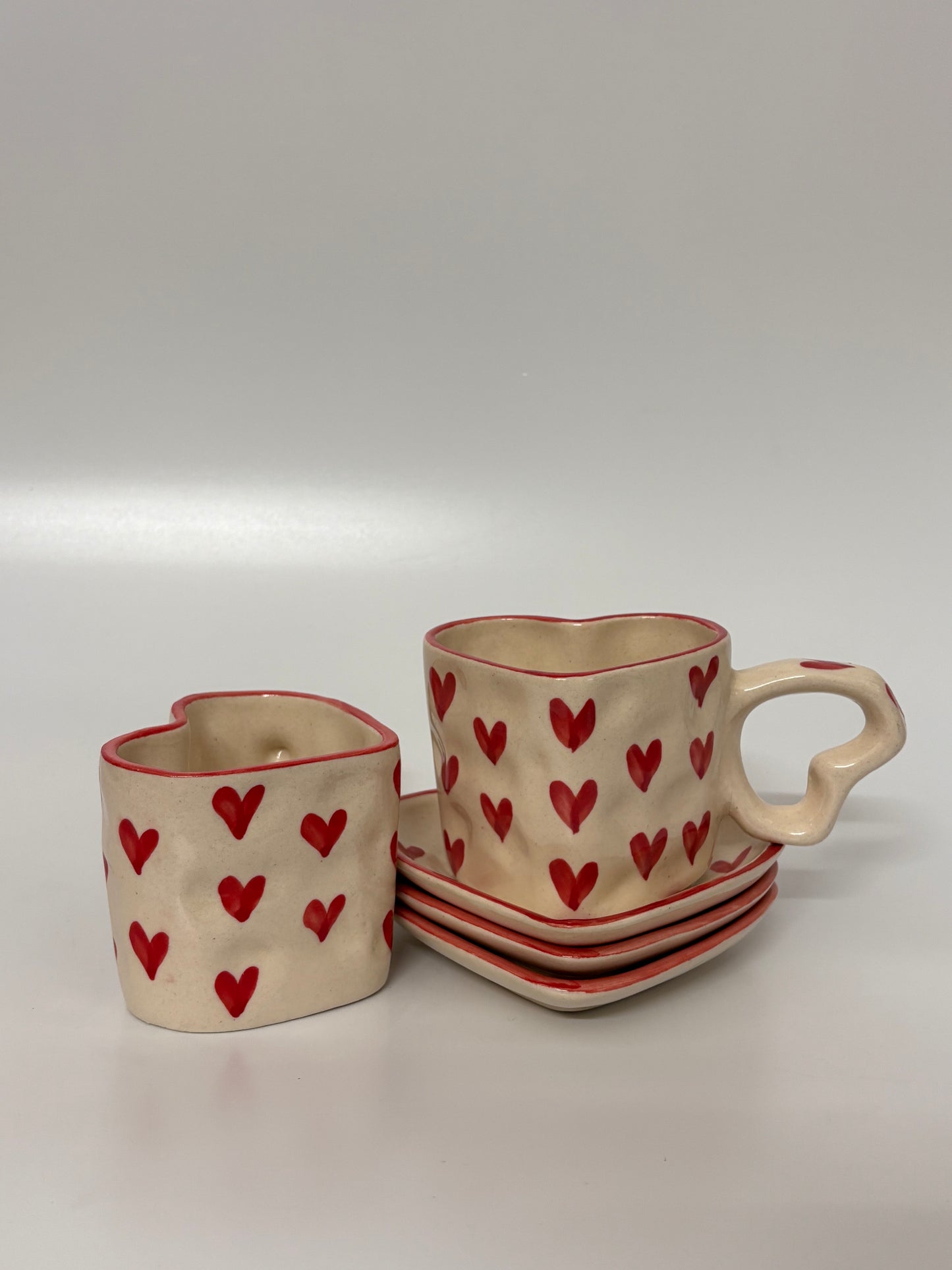 Handcrafted Red Hearts Ceramic Cup
 & Saucer Set