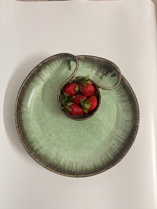 Green Dual Compartment Ceramic Snack Platter
