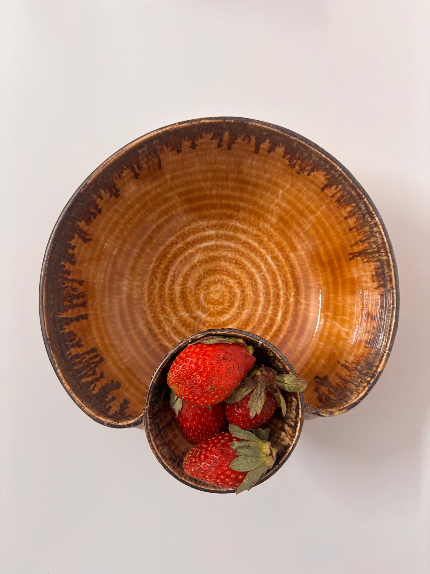Brown Ribbed Ceramic Dip Bowl with Snack
 Section