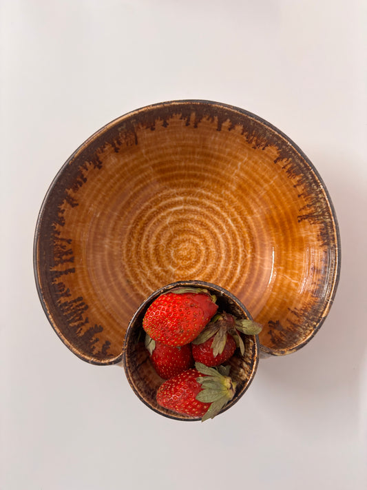 Brown Ribbed Ceramic Dip Bowl with Snack
 Section