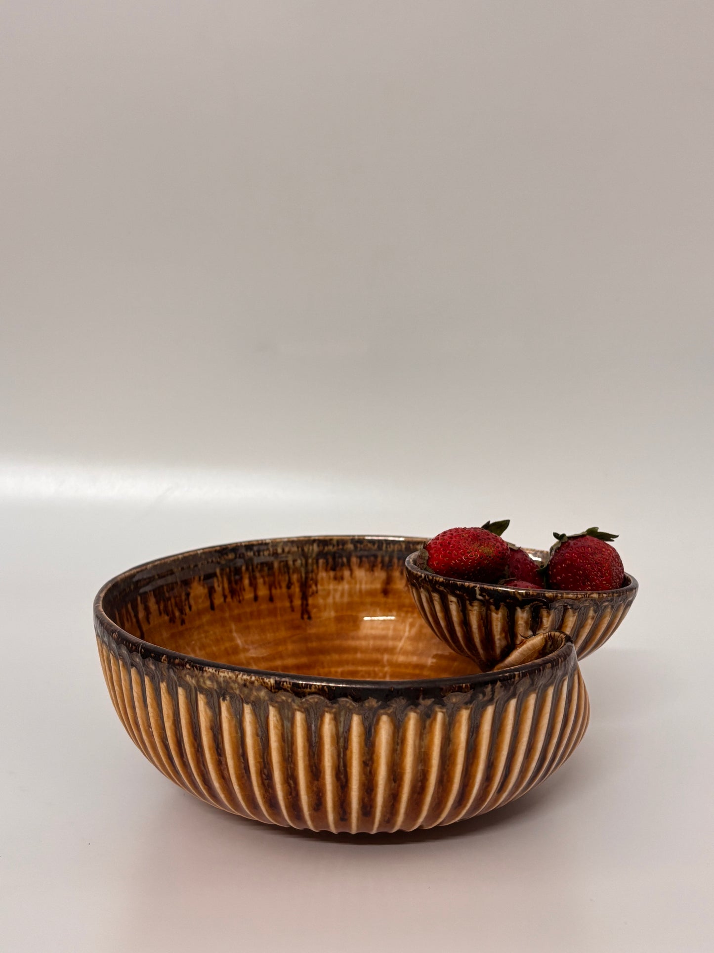 Brown Ribbed Ceramic Dip Bowl with Snack
 Section