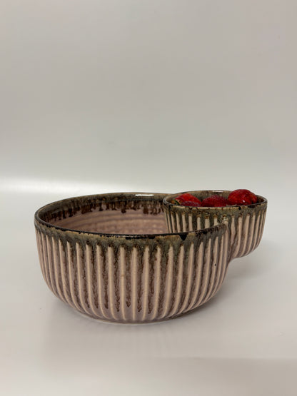 Beige Ribbed Ceramic Snack Bowl with Attached 
Dip Section