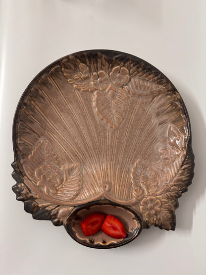 Brown Floral Embossed Ceramic Serving Platter